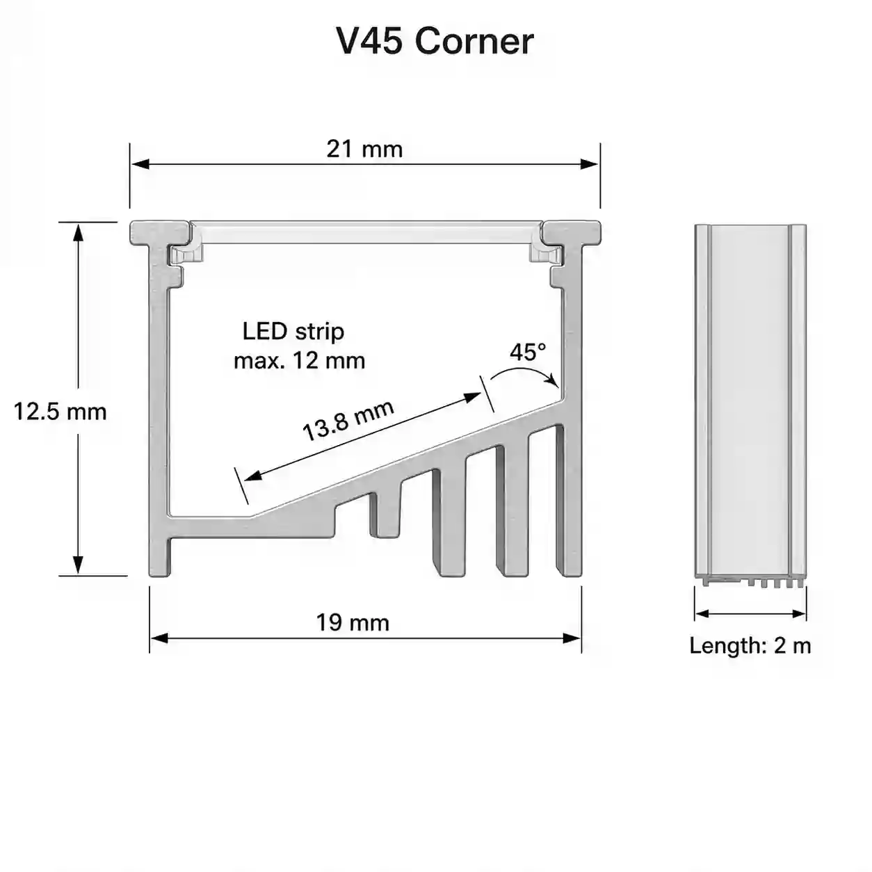 Pohled z čela profilu V45 Corner vestavný stříbrný šíře 21mm základna 19mm výška 12,5mm bez difuzoru délka 2m